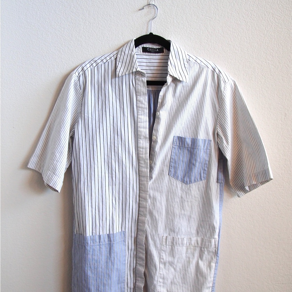 Anthropologie Vertical Striped Button-Down Shirt Dress - Blue & White